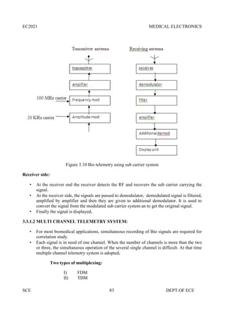 EC2021 MEDICAL ELECTRONICS
SCE 83 DEPT.OF ECE
Figure 3.10 Bio telemetry using sub carrier system
Receiver side:
 At the receiver end the receiver detects the RF and recovers the sub carrier carrying the
signal.
 At the receiver side, the signals are passed to demodulator, demodulated signal is filtered,
amplified by amplifier and then they are given to additional demodulator. It is used to
convert the signal from the modulated sub carrier system an to get the original signal.
 Finally the signal is displayed.
3.3.1.2 MULTI CHANNEL TELEMETRY SYSTEM:
 For most biomedical applications, simultaneous recording of Bio signals are required for
correlation study.
 Each signal is in need of one channel. When the number of channels is more than the two
or three, the simultaneous operation of the several single channel is difficult. At that time
multiple channel telemetry system is adopted.
Two types of multiplexing:
I) FDM
II) TDM
 