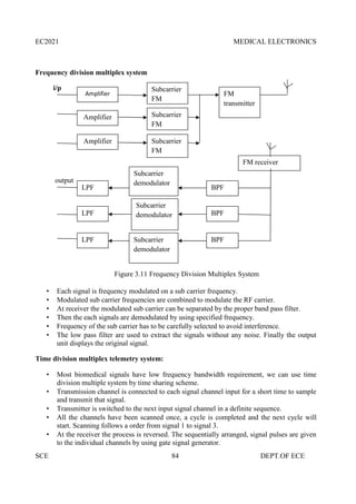 EC2021 MEDICAL ELECTRONICS
SCE 84 DEPT.OF ECE
Frequency division multiplex system
i/p
output
Figure 3.11 Frequency Division Multiplex System
 Each signal is frequency modulated on a sub carrier frequency.
 Modulated sub carrier frequencies are combined to modulate the RF carrier.
 At receiver the modulated sub carrier can be separated by the proper band pass filter.
 Then the each signals are demodulated by using specified frequency.
 Frequency of the sub carrier has to be carefully selected to avoid interference.
 The low pass filter are used to extract the signals without any noise. Finally the output
unit displays the original signal.
Time division multiplex telemetry system:
 Most biomedical signals have low frequency bandwidth requirement, we can use time
division multiple system by time sharing scheme.
 Transmission channel is connected to each signal channel input for a short time to sample
and transmit that signal.
 Transmitter is switched to the next input signal channel in a definite sequence.
 All the channels have been scanned once, a cycle is completed and the next cycle will
start. Scanning follows a order from signal 1 to signal 3.
 At the receiver the process is reversed. The sequentially arranged, signal pulses are given
to the individual channels by using gate signal generator.
Amplifier
Amplifier
Amplifier
Subcarrier
FM
Subcarrier
FM
Subcarrier
FM
FM
transmitter
Subcarrier
demodulator
Subcarrier
demodulator
Subcarrier
demodulator
BPF
BPF
BPF
LPF
LPF
LPF
FM receiver
demod
 