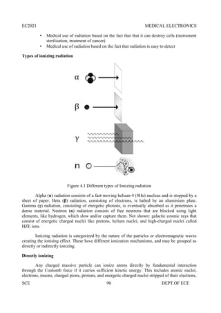 EC2021 MEDICAL ELECTRONICS
SCE 90 DEPT.OF ECE
 Medical use of radiation based on the fact that that it can destroy cells (instrument
sterilisation, treatment of cancer)
 Medical use of radiation based on the fact that radiation is easy to detect
Types of ionizing radiation
Figure 4.1 Different types of Ionizing radiation
Alpha (α) radiation consists of a fast-moving helium-4 (4He) nucleus and is stopped by a
sheet of paper. Beta (β) radiation, consisting of electrons, is halted by an aluminium plate.
Gamma (γ) radiation, consisting of energetic photons, is eventually absorbed as it penetrates a
dense material. Neutron (n) radiation consists of free neutrons that are blocked using light
elements, like hydrogen, which slow and/or capture them. Not shown: galactic cosmic rays that
consist of energetic charged nuclei like protons, helium nuclei, and high-charged nuclei called
HZE ions.
Ionizing radiation is categorized by the nature of the particles or electromagnetic waves
creating the ionising effect. These have different ionization mechanisms, and may be grouped as
directly or indirectly ionizing.
Directly ionizing
Any charged massive particle can ionize atoms directly by fundamental interaction
through the Coulomb force if it carries sufficient kinetic energy. This includes atomic nuclei,
electrons, muons, charged pions, protons, and energetic charged nuclei stripped of their electrons,
EC2021 MEDICAL ELECTRONICS
SCE 90 DEPT.OF ECE
 Medical use of radiation based on the fact that that it can destroy cells (instrument
sterilisation, treatment of cancer)
 Medical use of radiation based on the fact that radiation is easy to detect
Types of ionizing radiation
Figure 4.1 Different types of Ionizing radiation
Alpha (α) radiation consists of a fast-moving helium-4 (4He) nucleus and is stopped by a
sheet of paper. Beta (β) radiation, consisting of electrons, is halted by an aluminium plate.
Gamma (γ) radiation, consisting of energetic photons, is eventually absorbed as it penetrates a
dense material. Neutron (n) radiation consists of free neutrons that are blocked using light
elements, like hydrogen, which slow and/or capture them. Not shown: galactic cosmic rays that
consist of energetic charged nuclei like protons, helium nuclei, and high-charged nuclei called
HZE ions.
Ionizing radiation is categorized by the nature of the particles or electromagnetic waves
creating the ionising effect. These have different ionization mechanisms, and may be grouped as
directly or indirectly ionizing.
Directly ionizing
Any charged massive particle can ionize atoms directly by fundamental interaction
through the Coulomb force if it carries sufficient kinetic energy. This includes atomic nuclei,
electrons, muons, charged pions, protons, and energetic charged nuclei stripped of their electrons,
EC2021 MEDICAL ELECTRONICS
SCE 90 DEPT.OF ECE
 Medical use of radiation based on the fact that that it can destroy cells (instrument
sterilisation, treatment of cancer)
 Medical use of radiation based on the fact that radiation is easy to detect
Types of ionizing radiation
Figure 4.1 Different types of Ionizing radiation
Alpha (α) radiation consists of a fast-moving helium-4 (4He) nucleus and is stopped by a
sheet of paper. Beta (β) radiation, consisting of electrons, is halted by an aluminium plate.
Gamma (γ) radiation, consisting of energetic photons, is eventually absorbed as it penetrates a
dense material. Neutron (n) radiation consists of free neutrons that are blocked using light
elements, like hydrogen, which slow and/or capture them. Not shown: galactic cosmic rays that
consist of energetic charged nuclei like protons, helium nuclei, and high-charged nuclei called
HZE ions.
Ionizing radiation is categorized by the nature of the particles or electromagnetic waves
creating the ionising effect. These have different ionization mechanisms, and may be grouped as
directly or indirectly ionizing.
Directly ionizing
Any charged massive particle can ionize atoms directly by fundamental interaction
through the Coulomb force if it carries sufficient kinetic energy. This includes atomic nuclei,
electrons, muons, charged pions, protons, and energetic charged nuclei stripped of their electrons,
 