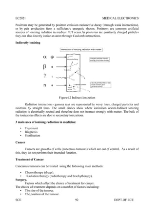 EC2021 MEDICAL ELECTRONICS
SCE 92 DEPT.OF ECE
Positrons may be generated by positron emission radioactive decay (through weak interactions),
or by pair production from a sufficiently energetic photon. Positrons are common artificial
sources of ionizing radiation in medical PET scans.As positrons are positively charged particles
they can also directly ionize an atom through Coulomb interactions.
Indirectly ionizing
Figure4.2 Indirect Ionization
Radiation interaction - gamma rays are represented by wavy lines, charged particles and
neutrons by straight lines. The small circles show where ionization occurs.Indirect ionizing
radiation is electrically neutral and therefore does not interact strongly with matter. The bulk of
the ionization effects are due to secondary ionizations.
3 main uses of ionising radiation in medicine:
• Treatment
• Diagnosis
• Sterilisation
Cancer
Cancers are growths of cells (cancerous tumours) which are out of control. As a result of
this, they do not perform their intended function.
Treatment of Cancer
Cancerous tumours can be treated using the following main methods:
• Chemotherapy (drugs).
• Radiation therapy (radiotherapy and brachytherapy).
Surgery.
Factors which affect the choice of treatment for cancer.
The choice of treatment depends on a number of factors including:
• The size of the tumour.
• The position of the tumour.
EC2021 MEDICAL ELECTRONICS
SCE 92 DEPT.OF ECE
Positrons may be generated by positron emission radioactive decay (through weak interactions),
or by pair production from a sufficiently energetic photon. Positrons are common artificial
sources of ionizing radiation in medical PET scans.As positrons are positively charged particles
they can also directly ionize an atom through Coulomb interactions.
Indirectly ionizing
Figure4.2 Indirect Ionization
Radiation interaction - gamma rays are represented by wavy lines, charged particles and
neutrons by straight lines. The small circles show where ionization occurs.Indirect ionizing
radiation is electrically neutral and therefore does not interact strongly with matter. The bulk of
the ionization effects are due to secondary ionizations.
3 main uses of ionising radiation in medicine:
• Treatment
• Diagnosis
• Sterilisation
Cancer
Cancers are growths of cells (cancerous tumours) which are out of control. As a result of
this, they do not perform their intended function.
Treatment of Cancer
Cancerous tumours can be treated using the following main methods:
• Chemotherapy (drugs).
• Radiation therapy (radiotherapy and brachytherapy).
Surgery.
Factors which affect the choice of treatment for cancer.
The choice of treatment depends on a number of factors including:
• The size of the tumour.
• The position of the tumour.
EC2021 MEDICAL ELECTRONICS
SCE 92 DEPT.OF ECE
Positrons may be generated by positron emission radioactive decay (through weak interactions),
or by pair production from a sufficiently energetic photon. Positrons are common artificial
sources of ionizing radiation in medical PET scans.As positrons are positively charged particles
they can also directly ionize an atom through Coulomb interactions.
Indirectly ionizing
Figure4.2 Indirect Ionization
Radiation interaction - gamma rays are represented by wavy lines, charged particles and
neutrons by straight lines. The small circles show where ionization occurs.Indirect ionizing
radiation is electrically neutral and therefore does not interact strongly with matter. The bulk of
the ionization effects are due to secondary ionizations.
3 main uses of ionising radiation in medicine:
• Treatment
• Diagnosis
• Sterilisation
Cancer
Cancers are growths of cells (cancerous tumours) which are out of control. As a result of
this, they do not perform their intended function.
Treatment of Cancer
Cancerous tumours can be treated using the following main methods:
• Chemotherapy (drugs).
• Radiation therapy (radiotherapy and brachytherapy).
Surgery.
Factors which affect the choice of treatment for cancer.
The choice of treatment depends on a number of factors including:
• The size of the tumour.
• The position of the tumour.
 