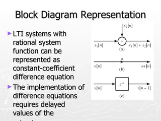 Block Diagram Representation
► LTI  systems with
  rational system
  function can be
  represented as
  constant-coefficient
  difference equation
► The implementation of
  difference equations
  requires delayed
  values of the
 