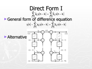 Direct Form I
                    N                M

                 ∑ ˆ y[n − k ] = ∑ b x[n − k ]
                   a
                   k =0
                            k
                                   ˆ
                                    k =0
                                             k

► General form of difference equation
                        N                M
            y[n] − ∑ a y[n − k ] = ∑ b x[n − k ]
                                k                k
                     k =1             k =0




► Alternative   equivalent form
 