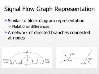 Signal Flow Graph Representation
► Similar   to block diagram representation
   Notational differences
►A network of directed branches connected
 at nodes
 
