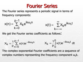 Fourier Series
The Fourier series represents a periodic signal in terms of
frequency components:
          p −1                               ∞
                   ikω0n                             ikω0 t
 x(n) = ∑ Xk e                      x( t ) = ∑ Xk e
         k =0                              k = −∞
We get the Fourier series coefficients as follows:

     1 p −1                            1p         −ikω0 t
 Xk = ∑ x(n)e −ikω0n               Xk = ∫ x( t )e         dt
     p n =0                            p0
The complex exponential Fourier coefficients are a sequence of
complex numbers representing the frequency component ω0k.
 