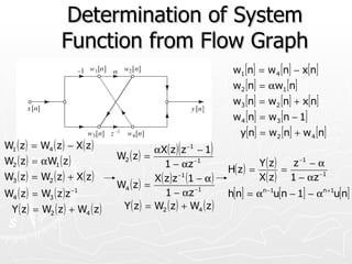 Determination of System
                  Function from Flow Graph
                                                                     w1 [n] = w4 [n] − x[n]
                                                                     w2 [n] = αw1 [n]
                                                                     w3 [n] = w2 [n] + x[n]
                                                                     w4 [n] = w3 [n − 1]
                                                                       y[n] = w2 [n] + w4 [n]
W1 ( z ) = W4 ( z ) − X( z )                         (
                                             αX( z ) z −1 − 1   )
                                  W2 ( z ) =
W2 ( z ) = αW1 ( z )                            1 − αz −1                    Y ( z)   z −1 − α
                                                                    H( z ) =        =
W3 ( z ) = W2 ( z ) + X( z )                 X( z ) z −1 (1 − α )            X( z ) 1 − αz −1
                                  W4 ( z ) =
W4 ( z ) = W3 ( z ) z −1                        1 − αz −1           h[n] = αn −1u[n − 1] − αn +1u[n]
  Y ( z ) = W2 ( z ) + W4 ( z )    Y ( z ) = W2 ( z ) + W4 ( z )
 
