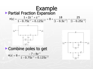 Example
► Partial   Fraction Expansion
               1 + 2z −1 + z −2            18             25
  H( z) =                          =8+             −
                    −1
          1 − 0.75z + 0.125z    −2
                                         (
                                       1 − 0.5z  ) (
                                                −1
                                                     1 − 0.25z −1   )




► Combine        poles to get
                     − 7 + 8z −1
 H( z ) = 8 +
              1 − 0.75z −1 + 0.125z −2
 
