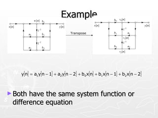 Example
                              Transpose




    y[n] = a1y[n − 1] + a2y[n − 2] + b0x[n] + b1x[n − 1] + b2x[n − 2]



► Both have the same system function or
 difference equation
 