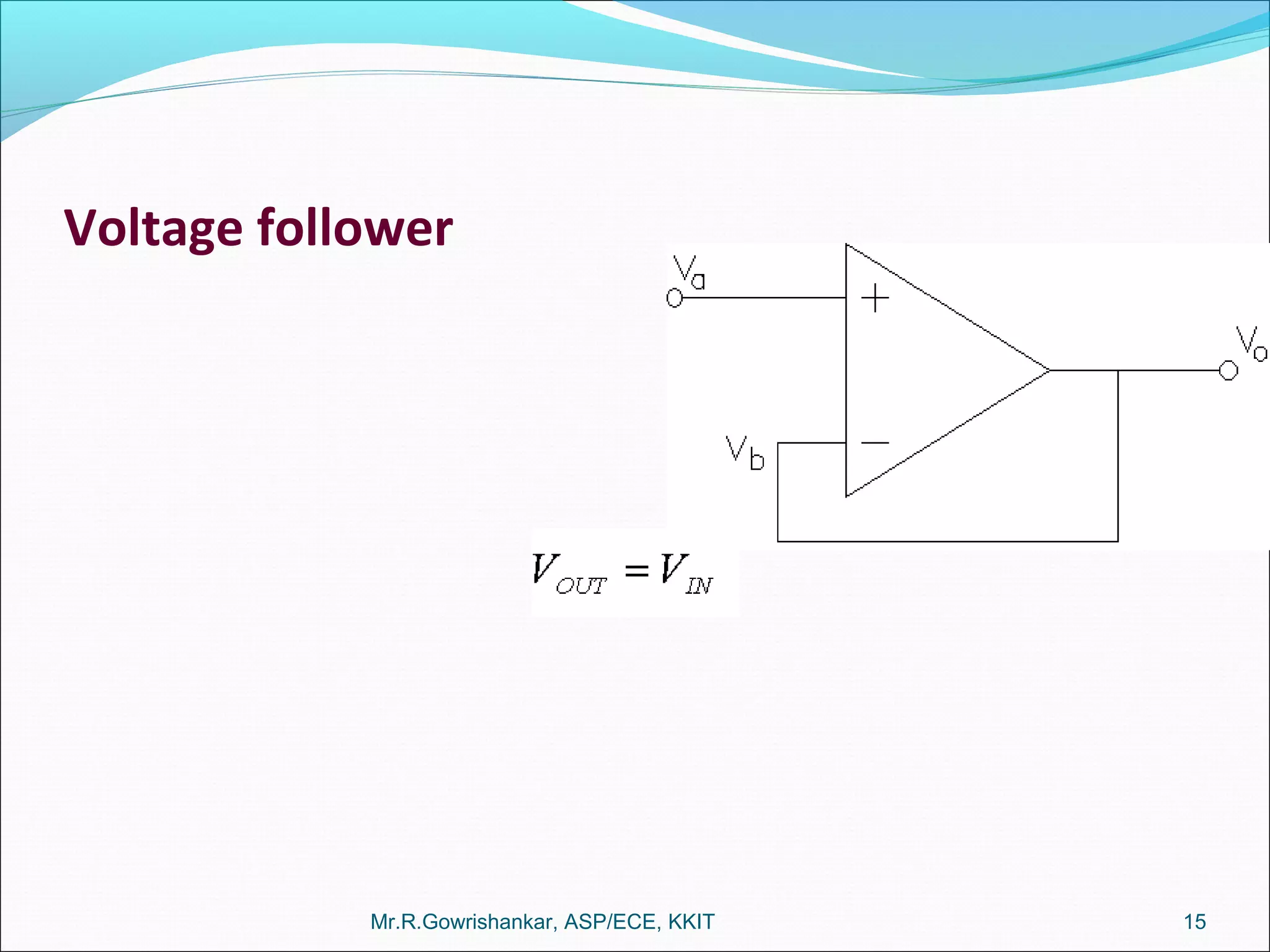 Voltage follower
Mr.R.Gowrishankar, ASP/ECE, KKIT 15
 
