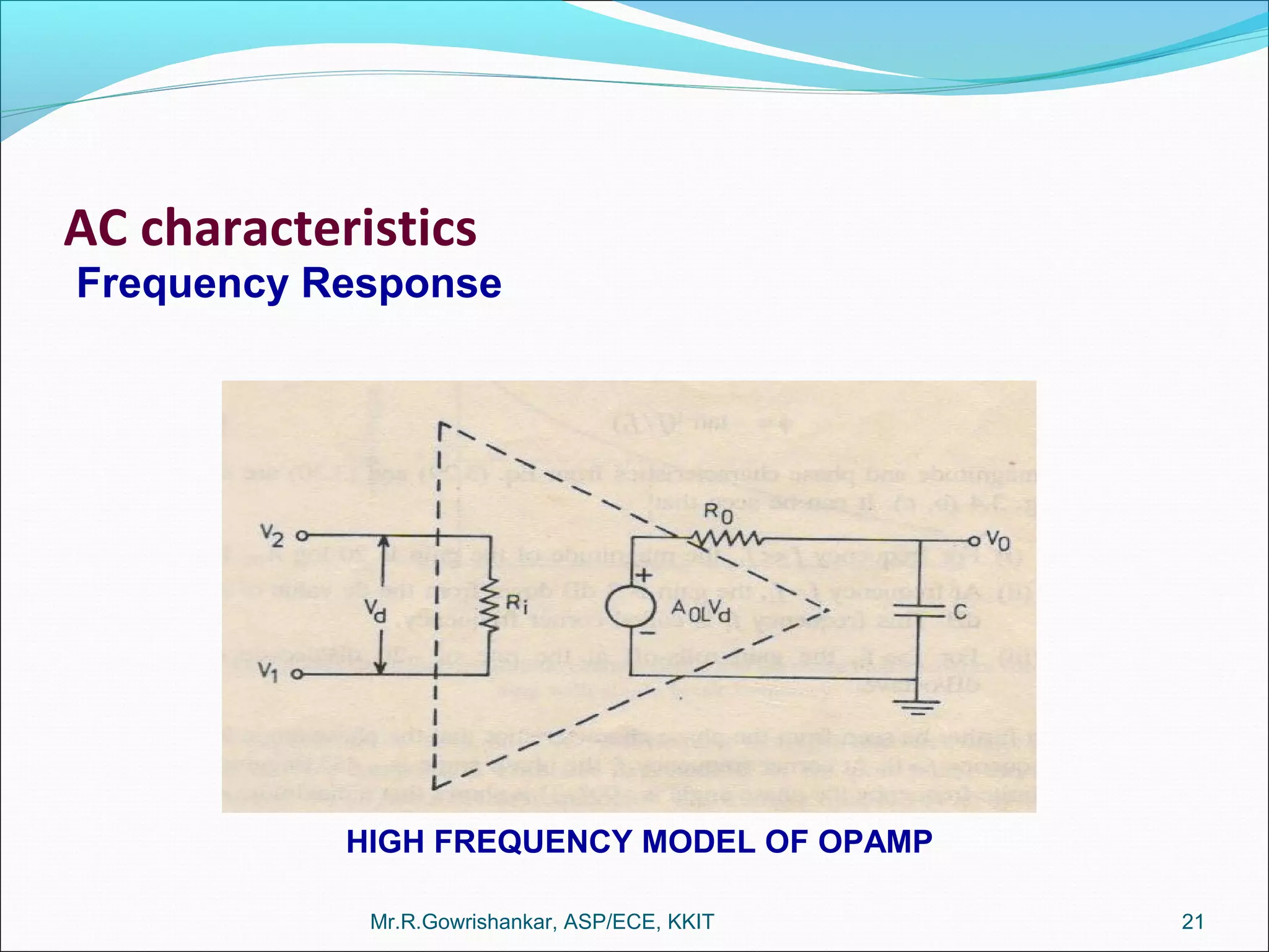 AC characteristics
Mr.R.Gowrishankar, ASP/ECE, KKIT 21
Frequency Response
HIGH FREQUENCY MODEL OF OPAMP
 