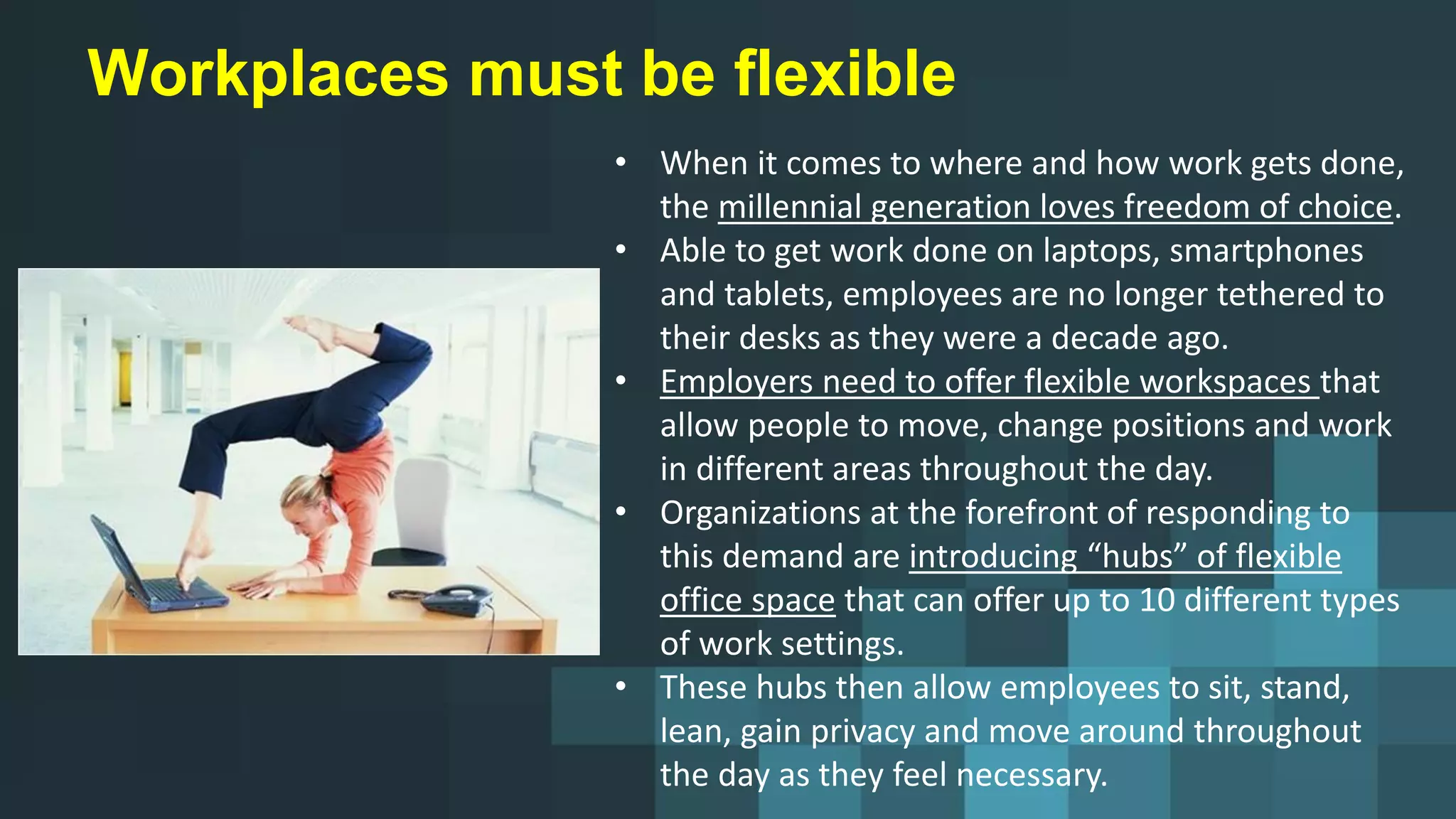 Workplaces must be flexible
• When it comes to where and how work gets done,
the millennial generation loves freedom of choice.
• Able to get work done on laptops, smartphones
and tablets, employees are no longer tethered to
their desks as they were a decade ago.
• Employers need to offer flexible workspaces that
allow people to move, change positions and work
in different areas throughout the day.
• Organizations at the forefront of responding to
this demand are introducing “hubs” of flexible
office space that can offer up to 10 different types
of work settings.
• These hubs then allow employees to sit, stand,
lean, gain privacy and move around throughout
the day as they feel necessary.
 