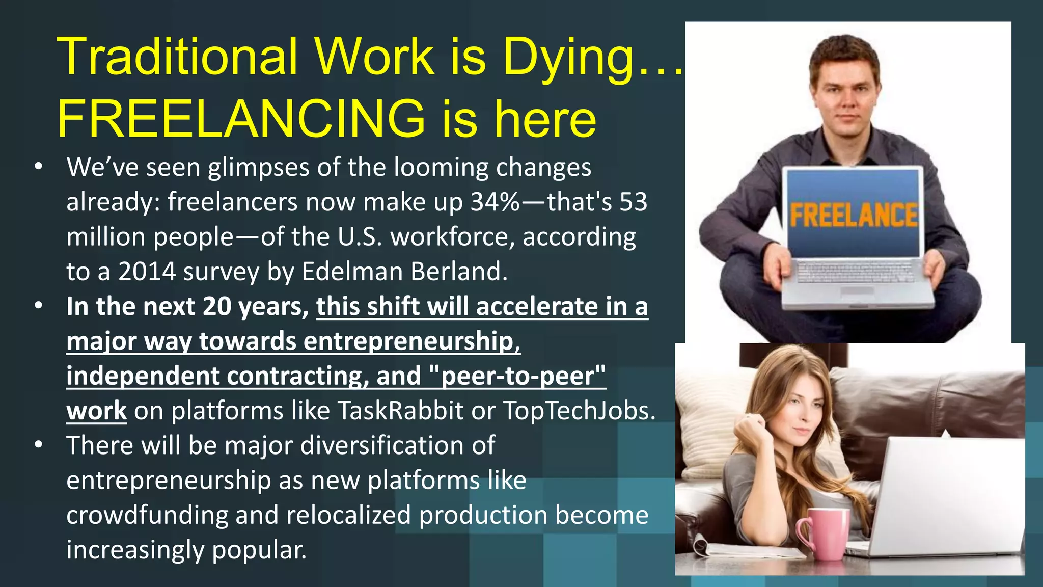 Traditional Work is Dying…
FREELANCING is here
• We’ve seen glimpses of the looming changes
already: freelancers now make up 34%—that's 53
million people—of the U.S. workforce, according
to a 2014 survey by Edelman Berland.
• In the next 20 years, this shift will accelerate in a
major way towards entrepreneurship,
independent contracting, and "peer-to-peer"
work on platforms like TaskRabbit or TopTechJobs.
• There will be major diversification of
entrepreneurship as new platforms like
crowdfunding and relocalized production become
increasingly popular.
 