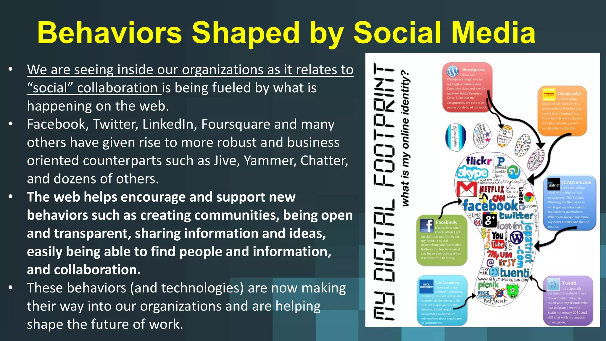 Behaviors Shaped by Social Media
• We are seeing inside our organizations as it relates to
“social” collaboration is being fueled by what is
happening on the web.
• Facebook, Twitter, LinkedIn, Foursquare and many
others have given rise to more robust and business
oriented counterparts such as Jive, Yammer, Chatter,
and dozens of others.
• The web helps encourage and support new
behaviors such as creating communities, being open
and transparent, sharing information and ideas,
easily being able to find people and information,
and collaboration.
• These behaviors (and technologies) are now making
their way into our organizations and are helping
shape the future of work.
 