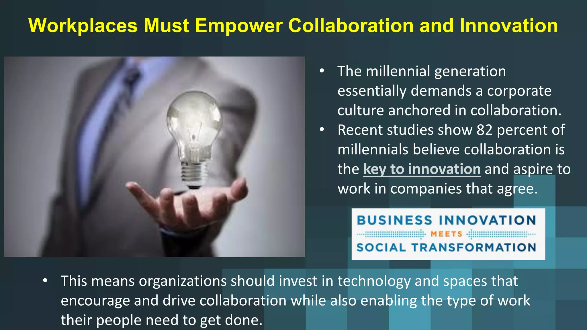 Workplaces Must Empower Collaboration and Innovation
• The millennial generation
essentially demands a corporate
culture anchored in collaboration.
• Recent studies show 82 percent of
millennials believe collaboration is
the key to innovation and aspire to
work in companies that agree.
• This means organizations should invest in technology and spaces that
encourage and drive collaboration while also enabling the type of work
their people need to get done.
 