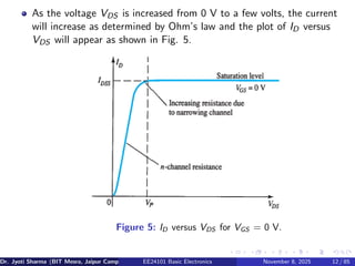 As the voltage VDS is increased from 0 V to a few volts, the current
will increase as determined by Ohm’s law and the plot of ID versus
VDS will appear as shown in Fig. 5.
Figure 5: ID versus VDS for VGS = 0 V.
Dr. Jyoti Sharma (BIT Mesra, Jaipur Campus) EE24101 Basic Electronics November 8, 2025 12 / 85
 