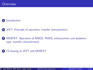 Overview
1 Introduction
2 JFET: Principle of operation, transfer characteristics
3 MOSFET: Operation of NMOS, PMOS, enhancement and depletion
type, transfer characteristics
4 CS biasing of JFET and MOSFET
Dr. Jyoti Sharma (BIT Mesra, Jaipur Campus) EE24101 Basic Electronics November 8, 2025 2 / 85
 