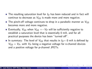 The resulting saturation level for ID has been reduced and in fact will
continue to decrease as VGS is made more and more negative.
The pinch-off voltage continues to drop in a parabolic manner as VGS
becomes more and more negative.
Eventually, VGS when VGS =−VP will be sufficiently negative to
establish a saturation level that is essentially 0 mA, and for all
practical purposes the device has been ”turned off”.
In summary: The level of VGS that results in ID= 0 mA is defined by
VGS = VP, with VP being a negative voltage for n-channel devices
and a positive voltage for p-channel JFETs.
Dr. Jyoti Sharma (BIT Mesra, Jaipur Campus) EE24101 Basic Electronics November 8, 2025 20 / 85
 