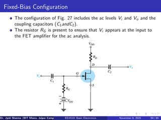 Fixed-Bias Configuration
The configuration of Fig. 27 includes the ac levels Vi and Vo and the
coupling capacitors (C1andC2).
The resistor RG is present to ensure that Vi appears at the input to
the FET amplifier for the ac analysis.
Dr. Jyoti Sharma (BIT Mesra, Jaipur Campus) EE24101 Basic Electronics November 8, 2025 59 / 85
 