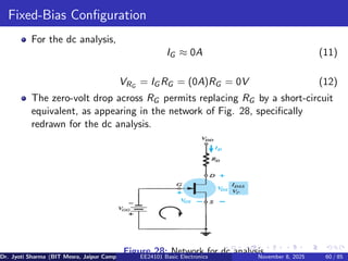 Fixed-Bias Configuration
For the dc analysis,
IG ≈ 0A (11)
VRG
= IG RG = (0A)RG = 0V (12)
The zero-volt drop across RG permits replacing RG by a short-circuit
equivalent, as appearing in the network of Fig. 28, specifically
redrawn for the dc analysis.
Figure 28: Network for dc analysis.
Dr. Jyoti Sharma (BIT Mesra, Jaipur Campus) EE24101 Basic Electronics November 8, 2025 60 / 85
 