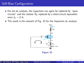 Self-Bias Configuration
For the dc analysis, the capacitors can again be replaced by “open
circuits” and the resistor RG replaced by a short-circuit equivalent
since IG = 0 A.
The result is the network of Fig. 32 for the important dc analysis.
Figure 32
Dr. Jyoti Sharma (BIT Mesra, Jaipur Campus) EE24101 Basic Electronics November 8, 2025 66 / 85
 