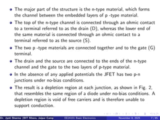 The major part of the structure is the n-type material, which forms
the channel between the embedded layers of p -type material.
The top of the n-type channel is connected through an ohmic contact
to a terminal referred to as the drain (D), whereas the lower end of
the same material is connected through an ohmic contact to a
terminal referred to as the source (S).
The two p -type materials are connected together and to the gate (G)
terminal.
The drain and the source are connected to the ends of the n-type
channel and the gate to the two layers of p-type material.
In the absence of any applied potentials the JFET has two p-n
junctions under no-bias conditions.
The result is a depletion region at each junction, as shown in Fig. 2,
that resembles the same region of a diode under no-bias conditions. A
depletion region is void of free carriers and is therefore unable to
support conduction.
Dr. Jyoti Sharma (BIT Mesra, Jaipur Campus) EE24101 Basic Electronics November 8, 2025 7 / 85
 