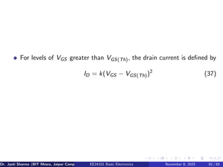 For levels of VGS greater than VGS(Th), the drain current is defined by
ID = k(VGS − VGS(Th))2
(37)
Dr. Jyoti Sharma (BIT Mesra, Jaipur Campus) EE24101 Basic Electronics November 8, 2025 82 / 85
 