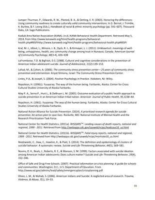 39
Jumper-Thurman, P., Edwards, R. W., Plested, B. A., & Oetting, E. R. (2003). Honoring the differences:
Using community readiness to create culturally valid community interventions. In G. Bernal, J. Trimble,
K. Burlew, & F. Leong (Eds.), Handbook of racial & ethnic minority psychology (pp. 591–607). Thousand
Oaks, CA: Sage Publications.
Kodiak Area Native Association (KANA). (n.d.) KANA Behavioral Health Department. Retrieved May 5,
2014, from http://www.kanaweb.org/html/health-programs/behavioral-
health.php#MSPIhttp://www.kanaweb.org/html/health-programs/behavioral-health.php#MSPI
Kral, M. J., Idlout, L., Minore, J. B., Dyck, R. J., & Kirmayer, L. J. (2011). Unikkaartuit: meanings of well-
being, unhappiness, health, anc community change among Inuit in Nunavut, Canada. American Journal
of Community Psychology, 48(3-4), 426–438
LaFromboise, T.D. & BigFoot, D.S. (1988). Cultural and cognitive considerations in the prevention of
American Indian adolescent suicide. Journal of Adolescence, 11(2):139–153.
Lahad, M., & Cohen, A. (2006). The community stress prevention center—25 years of community stress
prevention and intervention. Kiryat Shmona, Israel: The Community Stress Prevention Center.
Linley, P.A., & Joseph, S. (2004). Positive Psychology in Practice. Hoboken, NJ: Wiley.
Napoleon, H. (19961). Yuuyaraq: The way of the human being. Fairbanks, Alaska: Center for Cross
Cultural Studies University of Alaska Fairbanks.
May P. A., Serna P., Hurt L., & DeBruyn L. M. (2005). Outcome evaluation of a public health approach to
suicide prevention in an American Indian tribal nation. American Journal of Public Health, 95,1238–44.
Napoleon, H. (1961). Yuuyaraq: The way of the human being. Fairbanks, Alaska: Center for Cross Cultural
Studies University of Alaska Fairbanks.
National Action Alliance for Suicide Prevention. (2014). A prioritized research agenda for suicide
prevention: An action plan to save lives. Rockville, MD: National Institute of Mental Health and the
Research Prioritization Task Force.
National Center for Health Statistics. (2011a). WISQARSTM
: Leading causes of death reports, national and
regional, 1999 - 2011. Retrieved from http://webappa.cdc.gov/sasweb/ncipc/leadcaus10_us.html
National Center for Health Statistics. (2011b). WISQARSTM
: Fatal injury reports, national and regional,
1999 - 2011. Retrieved from http://webappa.cdc.gov/sasweb/ncipc/mortrate10_us.html
Niedzwiedz, C., Haw, C., Hawton, K., & Platt, S. (2014). The definition and epidemiology of clusters of
suicidal behavior: A systematic review. Suicide and Life-Threatening Behavior, 44(5), 569–581.
Novins, D. K., Beals, J., Roberts, R. E., & Manson, S. M. (1999). Factors associated with suicide ideation
among American Indian adolescents: Does culture matter? Suicide and Life-Threatening Behavior, 29(4),
332–346.
Office of Safe and Drug-Free Schools. (2007). Practical information on crisis planning: A guide for schools
and communities. Washington, D.C.; U.S. Department of Education. From
http://www.ed.gov/admins/lead/safety/emergencyplan/crisisplanning.pdf
Olson, L. M., & Wahab, S. (2006). American Indians and Suicide: A neglected area of research. Trauma,
Violence, & Abuse, 7(1), 19–33.
 