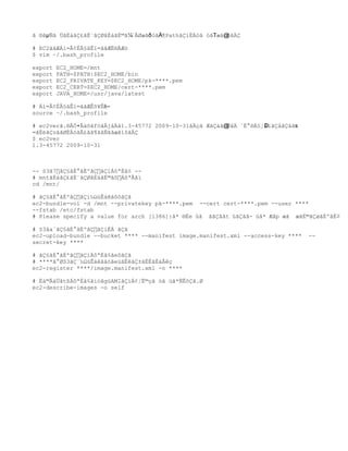 ã ¨ãµ „ã †ãƒ‡ã‚£ãƒ¬ã‚¯ãƒˆãƒªã¼ «å¯¾ãð —ãÅ ¦Pathã‚’é€šãs—ã’¾ãM™ã€‚

# EC2ãã®ç’°å¢ƒå¤‰æ•°ãã®è¨å®š
$ vim ~/.bash_profile

export   EC2_HOME=/mnt
export   PATH=$PATH:$EC2_HOME/bin
export   EC2_PRIVATE_KEY=$EC2_HOME/pk-****.pem
export   EC2_CERT=$EC2_HOME/cert-****.pem
export   JAVA_HOME=/usr/java/latest

# ç’°å¢ƒå¤‰æ•°ãã®æ›´æ–°
source ~/.bash_profile

# ec2verã.¨å…¥åŠ›ãf—ã€jã€Œ1.3-45772 2009-10-31ã€ãs®ã‚ˆãM†ã€ «è¡¨ç¤ºã •ã‚Œã‚ŒãŠ
                                                                    »
°ãƒ‘ã‚¹ãã¯é€šãå£ãã¦ãã„ãã¾ã1™ã€‚
$ ec2ver
1.3-45772 2009-10-31



-- S3ã7¸ã‚¤ãƒ¡ãƒ¼ã‚¸ã‚’ç™»éŒ² --
# mntãƒ‡ã‚£ãƒ¬ã‚¯ãƒˆãƒªã™¸ç§»åã•
cd /mnt/

# ã‚¤ãƒ¡ãƒ¼ã‚¸ã‚’ä½œæˆã™™ã‚ã
ec2-bundle-vol -d /mnt --privatekey pk-****.pem --cert cert-****.pem --user ****
--fstab /etc/fstab
# Please specify a value for arch [i386]:ã* ¨èe žã ãã‚Œãt Ÿã‚‰ã- ã* ®ãp ¾ã ¾ãƒªã‚¿ãƒ¼ãƒ³

# S3ãa«ã‚¤ãƒ¡ãƒ¼ã‚¸ã‚’é€ ã‚ã
ec2-upload-bundle --bucket **** --manifest image.manifest.xml --access-key ****   --
secret-key ****

# ã‚¤ãƒ¡ãƒ¼ã‚¸ã‚’ç™»éŒ²ãe™ã‚ã
# ****ã¡¯S3ã‚«ä½œæˆãŒ—ãeŸãƒã‚±ãƒƒãƒˆå
ec2-register ****/image.manifest.xml -n ****

# è‡ªåˆ†ãt§ç™»éŒ²ãi—ãgŸAMIã‚’ç¢ºèªã —ã Ÿã*„æ™‚ã.¯
ec2-describe-images -o self
 