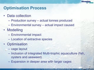 Optimisation Process
• Data collection
– Production survey – actual tonnes produced
– Environmental survey – actual impact caused
• Modelling
– Environmental impact
– Location of extractive species
• Optimisation
– cage layout
– Inclusion of Integrated Multi-trophic aquaculture (fish,
oysters and seaweed)
– Expansion in deeper area with larger cages
 