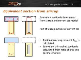 ULS design for torsion 19 
Equivalent section from stirrup 
Equivalent section is determined 
from stirrup and current css model 
Part of stirrup outside of current css 
• Torsional cracking moment TRd,c is 
calculated 
• Equivalent thin-walled section is 
calculated from ratio of area and 
perimeter of css 
 