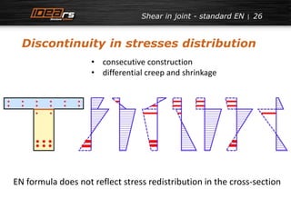 26 
Shear in joint - standard EN 
Discontinuity in stresses distribution 
• consecutive construction 
• differential creep and shrinkage 
EN formula does not reflect stress redistribution in the cross-section 
 