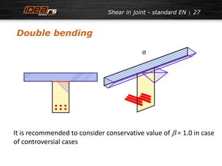 Double bending 
27 
Shear in joint - standard EN 
It is recommended to consider conservative value of b = 1.0 in case 
of controversial cases 
 
