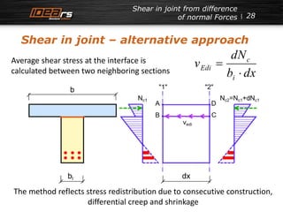 Shear in joint from difference 
of normal Forces 28 
Shear in joint – alternative approach 
dN 
Average shear stress at the interface is 
v 
calculated between two neighboring sections b dx 
i 
c 
 
Edi  
The method reflects stress redistribution due to consecutive construction, 
differential creep and shrinkage 
 