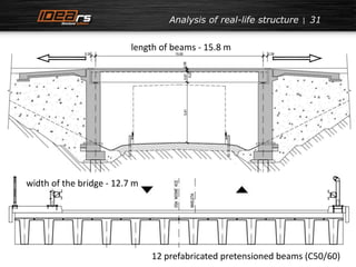 Analysis of real-life structure 31 
length of beams - 15.8 m 
12 prefabricated pretensioned beams (C50/60) 
width of the bridge - 12.7 m 
 