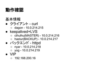 動作確認
基本情報
● クライアント - curl
○ dagon - 10.0.214.215
● keepalived+LVS
○ cthulhu(MASTER) - 10.0.214.216
○ hastur(BACKUP) - 10.0.214.217
● バックエンド - httpd
○ nyar - 10.0.214.218
○ yog - 10.0.214.219
● VIP
○ 192.168.200.16
 