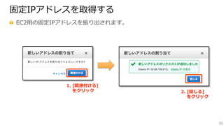 55
固定IPアドレスを取得する
  EC2⽤用の固定IPアドレスを振り出されます。
1.  [関連付ける]
        をクリック 2.  [閉じる]
        をクリック
 
