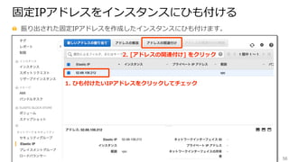 56
固定IPアドレスをインスタンスにひも付ける
  振り出された固定IPアドレスを作成したインスタンスにひも付けます。
1.  ひも付けたいIPアドレスをクリックしてチェック
2.  [アドレスの関連付け]  をクリック
 