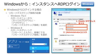 Windowsから：インスタンスへRDPログイン
  Windowsからログインする場合
•  リモートデスクトップ接続の起動
⎼  Windows  7など
スタートメニューから
「すべてのプログラム」-‐‑‒  
「アクセサリ」  -‐‑‒
「リモートデスクトップ接続」を選択
⎼  Windows  8
スタートスクリーンで
「リモート」と⼊入⼒力力し、候補にでる
「リモートデスクトップ接続」を選択
1.  Elastic  IPアドレス
 　  を⼊入⼒力力
2.  [Administrator]と⼊入⼒力力
3.  [接続]をクリック
Windows
 