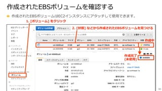90
作成されたEBSボリュームを確認する
  作成されたEBSボリュームはEC2インスタンスにアタッチして使⽤用できます。
2.  [状態]  などから作成されたEBSボリュームを⾒見見つける
1.  [ボリューム]  をクリック
作成中
作成完了了
(未使⽤用)
 
