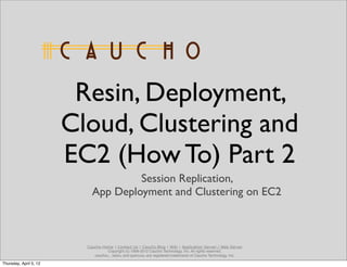 Resin, Deployment,
                        Cloud, Clustering and
                        EC2 (How To) Part 2
                                     Session Replication,
                            App Deployment and Clustering on EC2



                          Caucho Home | Contact Us | Caucho Blog | Wiki | Application Server / Web Server
                                    Copyright (c) 1998-2012 Caucho Technology, Inc. All rights reserved.
                             caucho® , resin® and quercus® are registered trademarks of Caucho Technology, Inc.

Thursday, April 5, 12
 