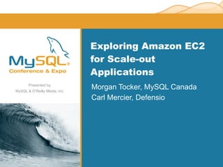 Exploring Amazon EC2
                               for Scale-out
                               Applications
       Presented by,
MySQL  O’Reilly Media, Inc.
                               Morgan Tocker, MySQL Canada
                               Carl Mercier, Defensio
 