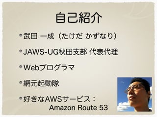 ԼB 
 һɣ ʤ꣩ 
JAWS-UG֧  
Webץ 
WԪ 
äAWS`ӥ 
Amazon Route 53 
 