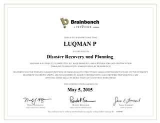 LUQMAN P
Disaster Recovery and Planning
May 5, 2015
11919768
 
