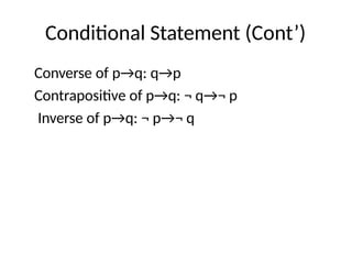 Conditional Statement (Cont’)
Converse of p→q: q→p
Contrapositive of p→q: ¬ q→¬ p
Inverse of p→q: ¬ p→¬ q
 