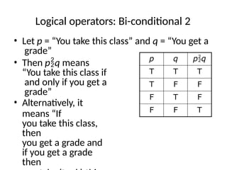 Logical operators: Bi-conditional 2
• Let p = “You take this class” and q = “You get a
grade”
• Then pq means
“You take this class if
and only if you get a
grade”
• Alternatively, it
means “If
you take this class,
then
you get a grade and
if you get a grade
then
p q pq
T T T
T F F
F T F
F F T
 