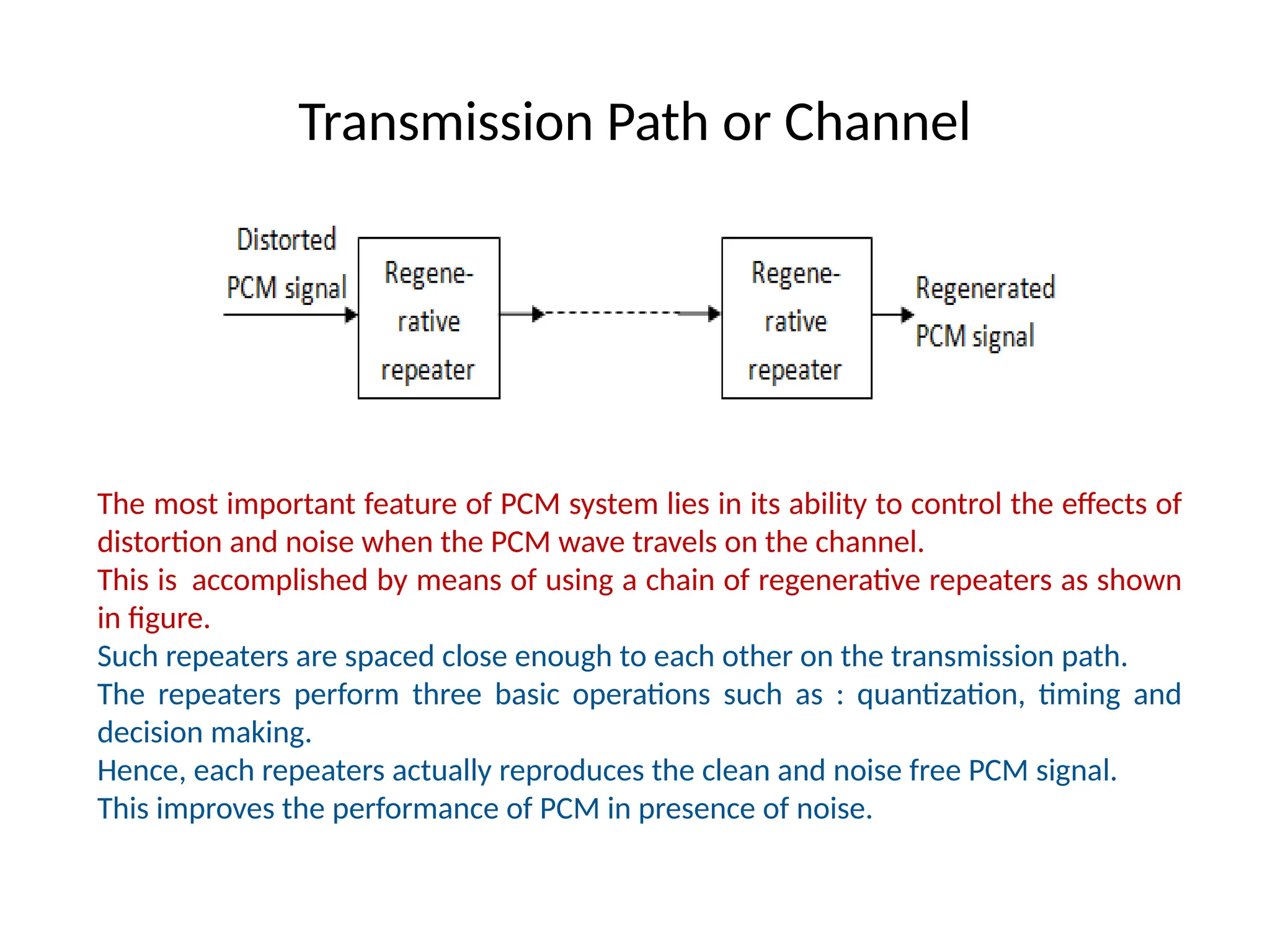 Transmission Path or Channel
The most important feature of PCM system lies in its ability to control the effects of
distortion and noise when the PCM wave travels on the channel.
This is accomplished by means of using a chain of regenerative repeaters as shown
in figure.
Such repeaters are spaced close enough to each other on the transmission path.
The repeaters perform three basic operations such as : quantization, timing and
decision making.
Hence, each repeaters actually reproduces the clean and noise free PCM signal.
This improves the performance of PCM in presence of noise.
 