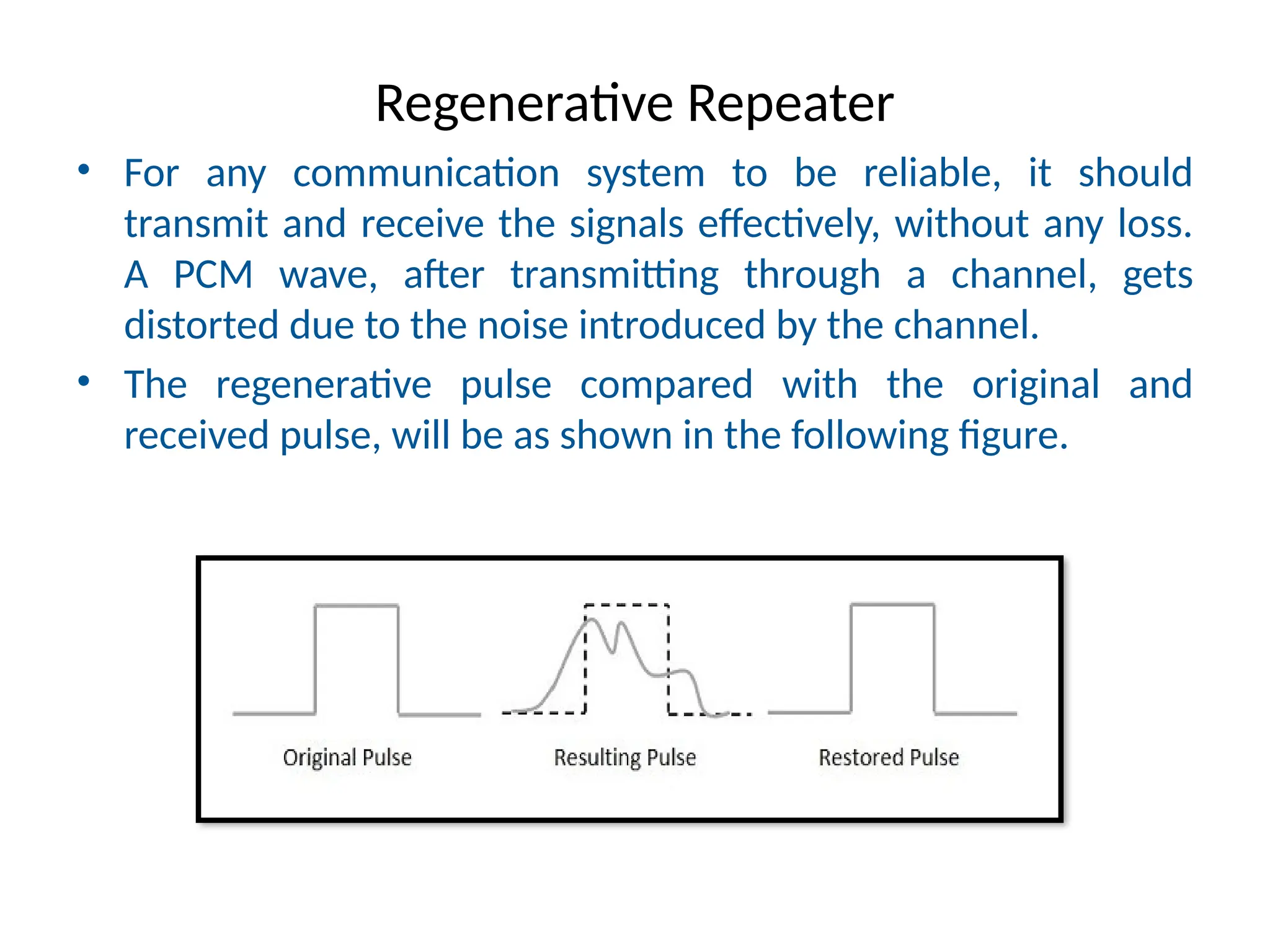 Regenerative Repeater
• For any communication system to be reliable, it should
transmit and receive the signals effectively, without any loss.
A PCM wave, after transmitting through a channel, gets
distorted due to the noise introduced by the channel.
• The regenerative pulse compared with the original and
received pulse, will be as shown in the following figure.
 