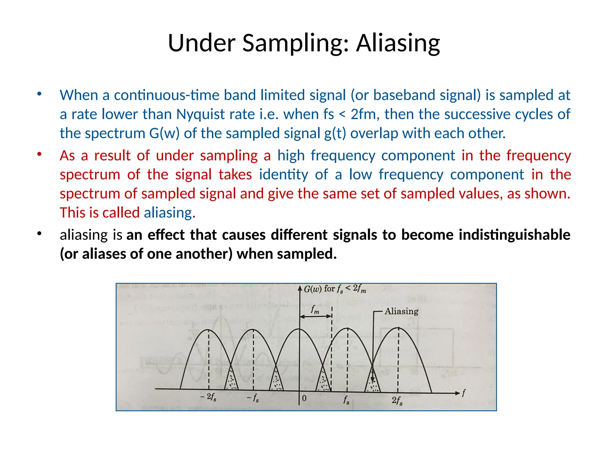 Under Sampling: Aliasing
• When a continuous-time band limited signal (or baseband signal) is sampled at
a rate lower than Nyquist rate i.e. when fs < 2fm, then the successive cycles of
the spectrum G(w) of the sampled signal g(t) overlap with each other.
• As a result of under sampling a high frequency component in the frequency
spectrum of the signal takes identity of a low frequency component in the
spectrum of sampled signal and give the same set of sampled values, as shown.
This is called aliasing.
• aliasing is an effect that causes different signals to become indistinguishable
(or aliases of one another) when sampled.
 