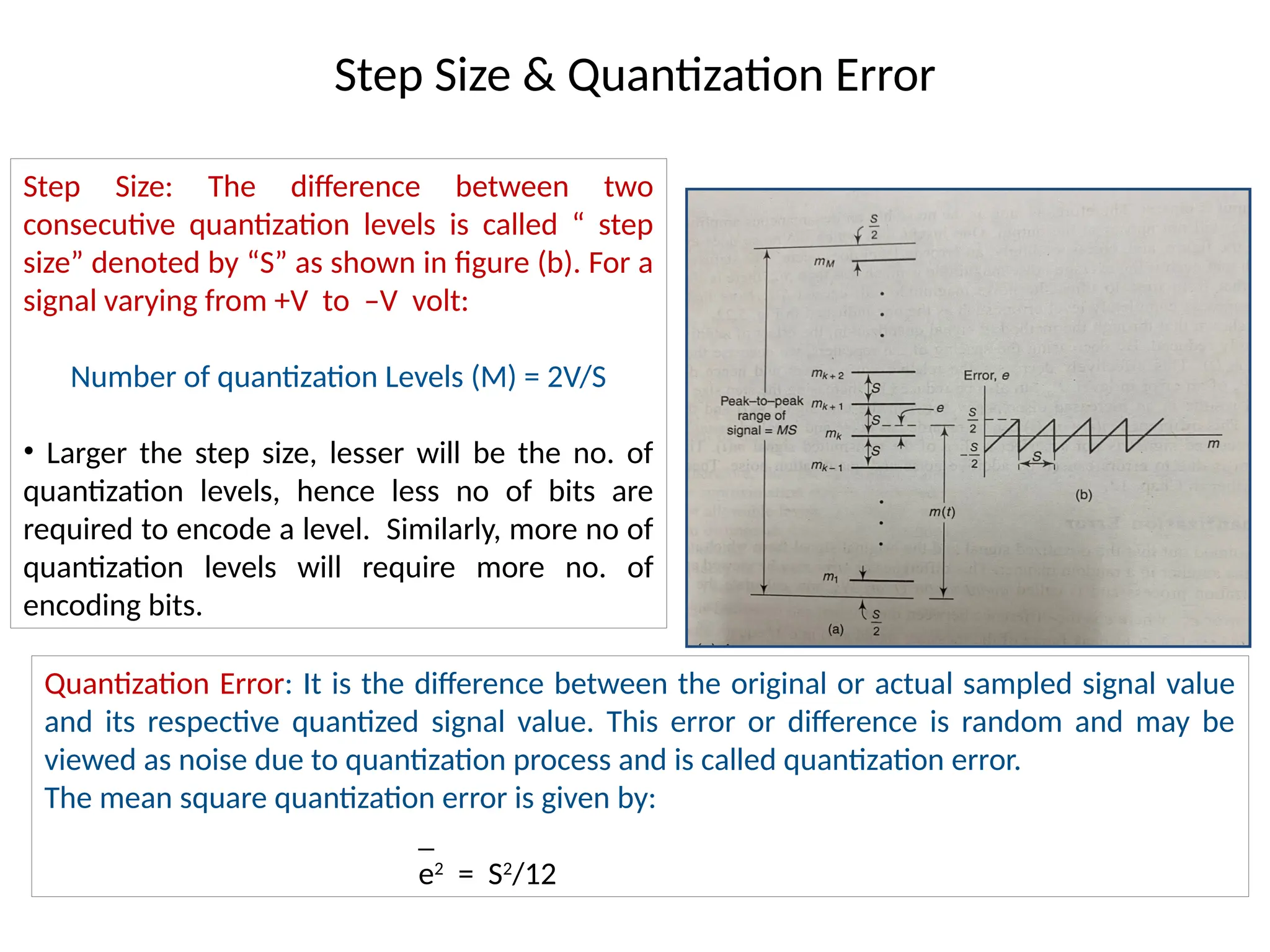Step Size & Quantization Error
Step Size: The difference between two
consecutive quantization levels is called “ step
size” denoted by “S” as shown in figure (b). For a
signal varying from +V to –V volt:
Number of quantization Levels (M) = 2V/S
• Larger the step size, lesser will be the no. of
quantization levels, hence less no of bits are
required to encode a level. Similarly, more no of
quantization levels will require more no. of
encoding bits.
Quantization Error: It is the difference between the original or actual sampled signal value
and its respective quantized signal value. This error or difference is random and may be
viewed as noise due to quantization process and is called quantization error.
The mean square quantization error is given by:
_
e2
= S2
/12
 