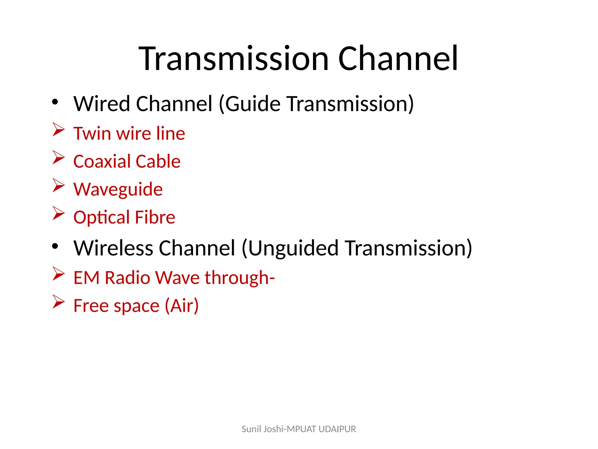 Transmission Channel
• Wired Channel (Guide Transmission)
 Twin wire line
 Coaxial Cable
 Waveguide
 Optical Fibre
• Wireless Channel (Unguided Transmission)
 EM Radio Wave through-
 Free space (Air)
Sunil Joshi-MPUAT UDAIPUR
 