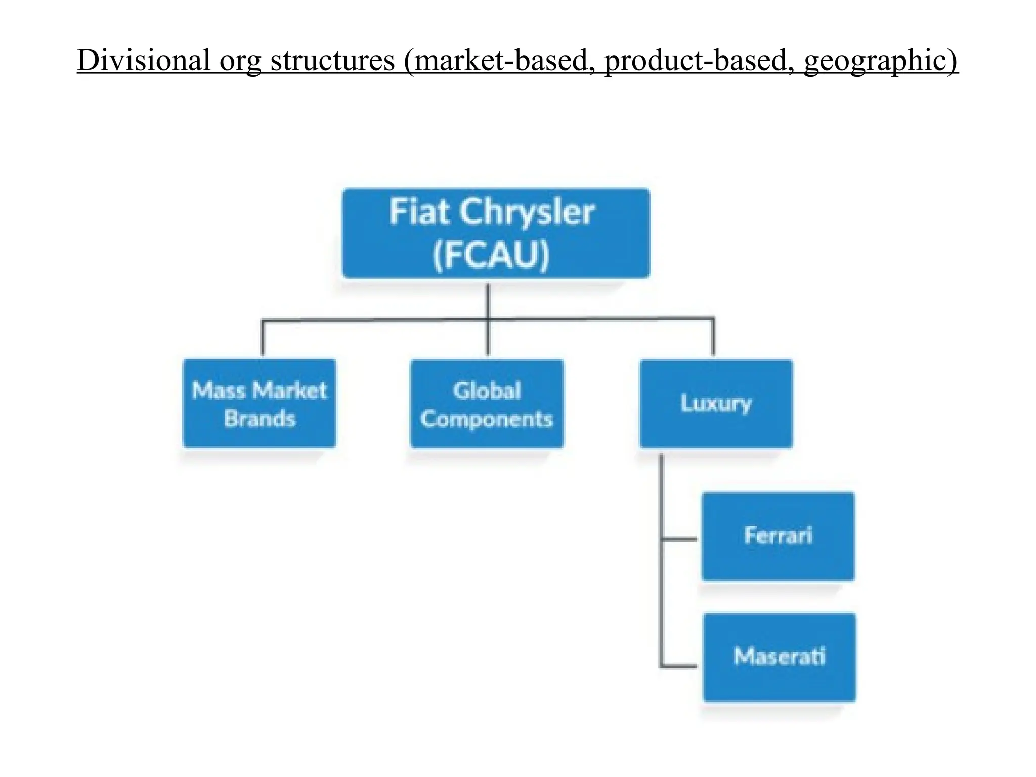 Divisional org structures (market-based, product-based, geographic)
 